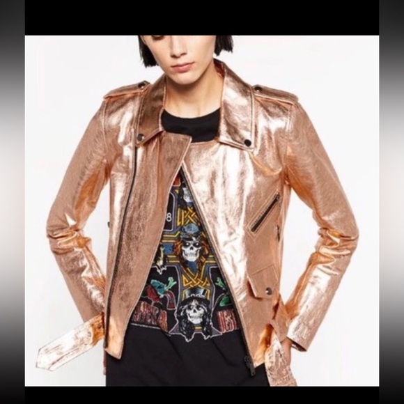 Zara Metallic Rose Gold Leather Moto Jacket XL - Picture 2 of 10